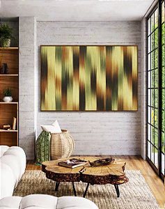 Quadro Horizontal Abstrato Listras Degradê Verde Marrom Cobre Canvas Moldura