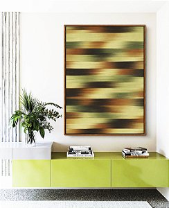 Quadro Vertical Abstrato Listras Degradê Verde Marrom Cobre Canvas Moldura