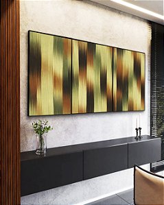 Trio de Quadros Abstrato Listras Degradê Verde Marrom Cobre Canvas Moldura