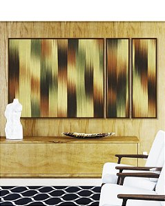 Trio de Quadros Estilizados Abstrato Listras Degradê Verde Marrom Cobre Canvas Moldura