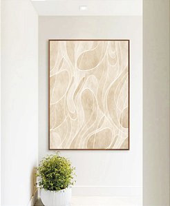 Quadro Vertical Abstrato Marfim Areia Creme Contornos Canvas Moldura