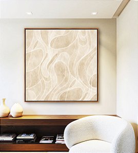 Quadro Quadrado Abstrato Marfim Areia Creme Contornos Canvas Moldura