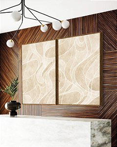 Duo de Quadros Abstrato Marfim Areia Creme Contornos Canvas Moldura