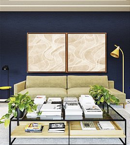 Duo de Quadros Quadrados Abstrato Marfim Areia Creme Contornos Canvas Moldura