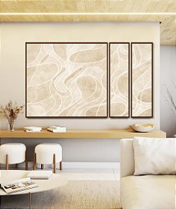 Trio de Quadros Estilizados Abstrato Marfim Areia Creme Contornos Canvas Moldura