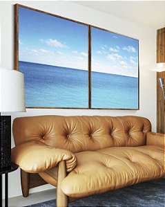 Duo de Quadros Mar Calmo Azul Céu Claro Nuvens Natureza Canvas Moldura