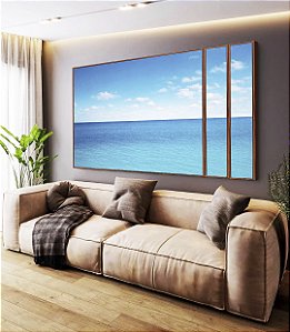 Trio de Quadros Estilizados Mar Calmo Azul Céu Claro Nuvens Natureza Canvas Moldura
