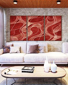 Trio de Quadros Abstrato Vermelho Tijolo Salmão Contornos Canvas Moldura