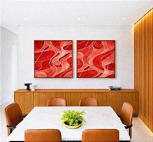 Duo de Quadros Quadrados Abstrato Vermelho Tijolo Salmão Contornos Canvas Moldura