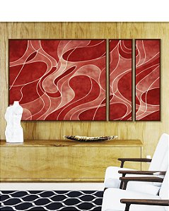 Trio de Quadros Estilizados Abstrato Vermelho Tijolo Salmão Contornos Canvas Moldura