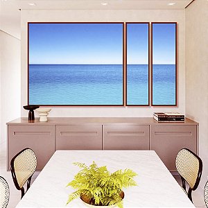 Trio de Quadros Estilizados Mar Azul Calmo Céu Claro Limpo Natureza Canvas Moldura