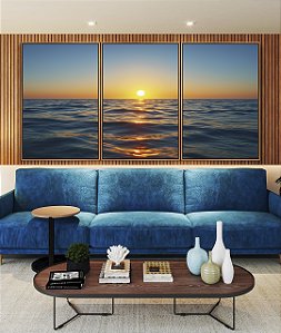 Trio de Quadros Pôr do Sol em Mar Calmo Azul Natureza Canvas Moldura