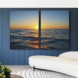 Duo de Quadros Pôr do Sol em Mar Calmo Azul Natureza Canvas Moldura