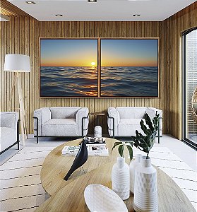 Duo de Quadros Quadrados Pôr do Sol em Mar Calmo Azul Natureza Canvas Moldura