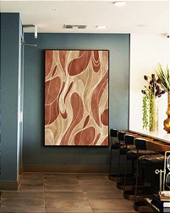 Quadro Vertical Abstrato Coral Marfim Contornos Canvas Moldura