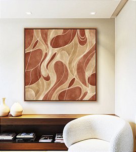 Quadro Quadrado Abstrato Coral Marfim Contornos Canvas Moldura