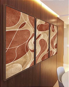 Trio de Quadros Abstrato Coral Marfim Contornos Canvas Moldura