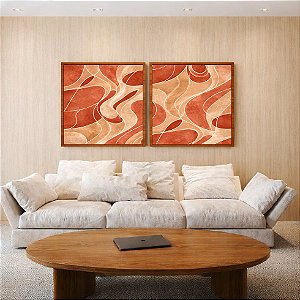 Duo de Quadros Quadrados Abstrato Coral Marfim Contornos Canvas Moldura