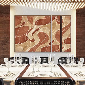 Trio de Quadros Estilizados Abstrato Coral Marfim Contornos Canvas Moldura