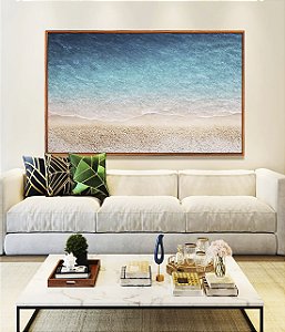 Quadro Horizontal Praia Areia Branca Mar Azul Translúcido Canvas Moldura
