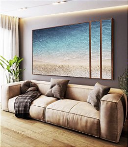 Trio de Quadros Estilizados Praia Areia Branca Mar Azul Translúcido Canvas Moldura