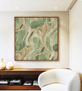 Quadro Quadrado Abstrato Verde Oliva Marfim Contornos Canvas Moldura