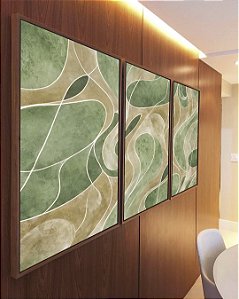 Trio de Quadros Abstrato Verde Oliva Marfim Contornos Canvas Moldura