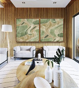 Duo de Quadros Quadrados Abstrato Verde Oliva Marfim Contornos Canvas Moldura