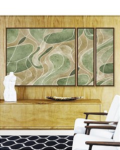 Trio de Quadros Estilizados Abstrato Verde Oliva Marfim Contornos Canvas Moldura