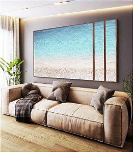 Trio de Quadros Estilizados Praia Areia Branca Mar Azul Turquesa Paraíso Canvas Moldura