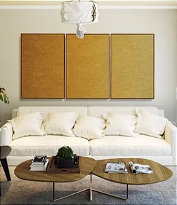 Trio de Quadros Abstrato Degradê Mostarda Amarelo Ouro Canvas Moldura