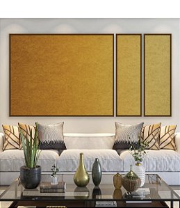 Trio de Quadros Estilizados Abstrato Degradê Mostarda Amarelo Ouro Canvas Moldura