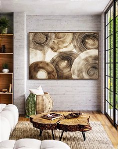 Quadro Horizontal Abstrato Círculos Marrom Bege Canvas Moldura