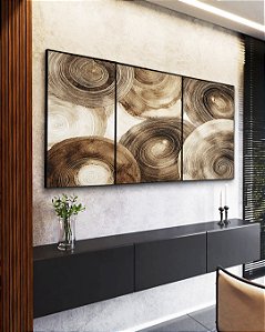 Trio de Quadros Abstrato Círculos Marrom Bege Canvas Moldura