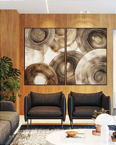 Duo de Quadros Abstrato Círculos Marrom Bege Canvas Moldura