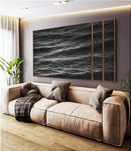Trio de Quadros Estilizados Mar Alto Ondulado Preto e Branco Natureza Canvas Moldura