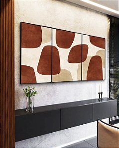 Trio de Quadros Abstrato Minimalista Vermelho Marfim Canvas Moldura