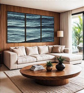 Trio de Quadros Alto Mar Azul Turquesa Ondulado Natureza Canvas Moldura