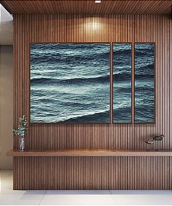 Trio de Quadros Estilizados Alto Mar Azul Turquesa Ondulado Natureza Canvas Moldura