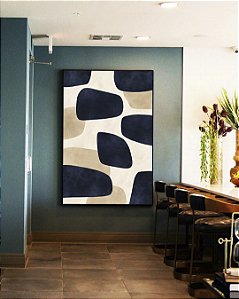 Quadro Vertical Abstrato Minimalista Azul Marfim Canvas Moldura