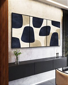 Trio de Quadros Abstrato Minimalista Azul Marfim Canvas Moldura