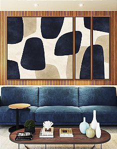 Trio de Quadros Estilizados Abstrato Minimalista Azul Marfim Canvas Moldura