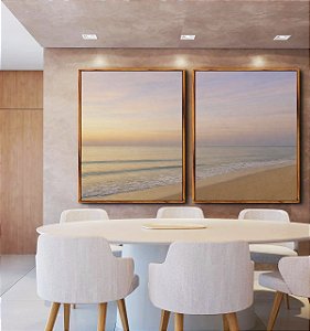 Duo de Quadros Nascer do Sol Lilás Praia Serena Mar Azul Prateado Canvas Moldura