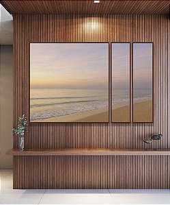 Trio de Quadros Estilizados Nascer do Sol Lilás Praia Serena Mar Azul Prateado Canvas Moldura