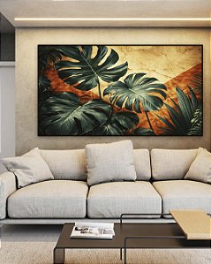 Quadro Horizontal Plantas Costela de Adão Plantas Folhas Abstrato Laranja Canvas Moldura