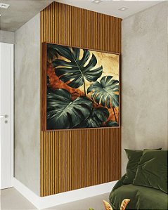 Quadro Quadrado Plantas Costela de Adão Plantas Folhas Abstrato Laranja Canvas Moldura