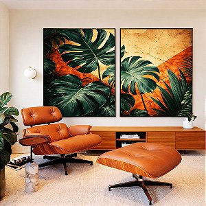 Duo de Quadros Plantas Costela de Adão Plantas Folhas Abstrato Laranja Canvas Moldura