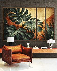 Trio de Quadros Estilizados Plantas Costela de Adão Folhas Abstrato Laranja Canvas Moldura