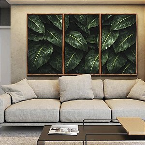 Trio de Quadros Folhas Verdes Plantas Natureza Paisagem Canvas Moldura