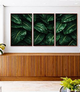 Trio de Quadros Estilizados Folhas Verdes Plantas Natureza Paisagem Canvas Moldura